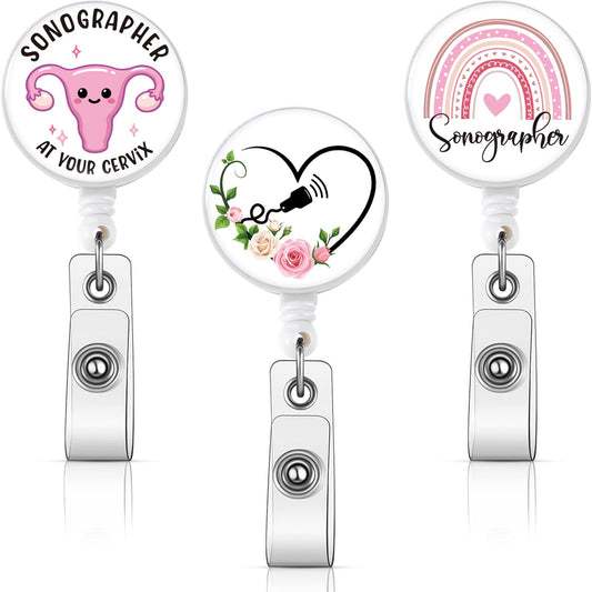 XunYee 3 Pcs Nurse Week Employee Appreciation Gifts Ultrasound Tech Badge Reel Retractable Rainbow Uterus Sonographer Badge Holder ID Name Card Medical Reel for Nurse Rn Office Worker Employee