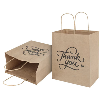 bagmad 100 Pack 8x4.75x10 Inch Medium Brown Paper Gift Bags with Handles Bulk, Thank You Kraft Paper Bags for Party Favors Grocery Retail Shopping Wedding Craft Sacks (Plain Natural, 100pcs Count)