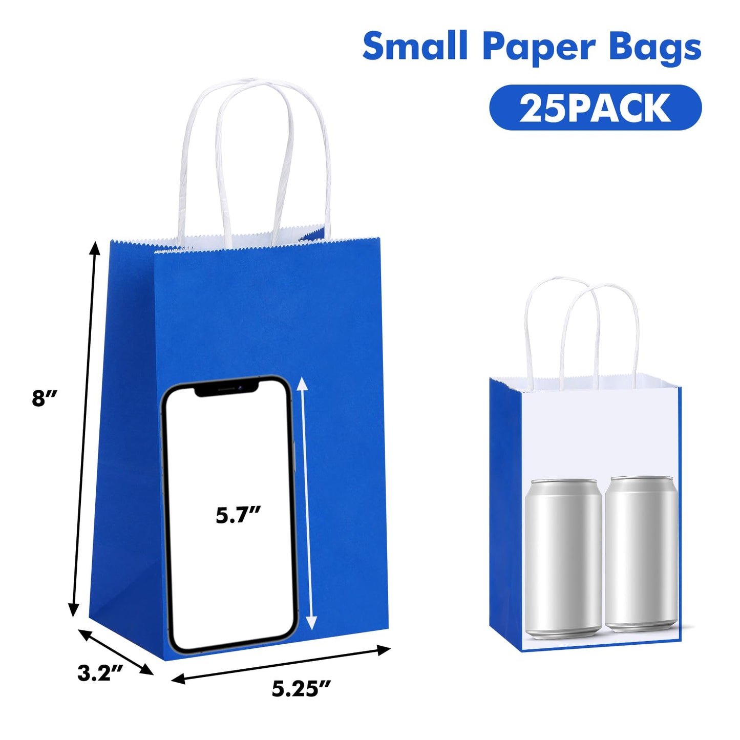 OUTUXED 25pcs 5.25x3.2x8in Blue Paper Bags, Small Blue Gift Bags with Handles Bulk for Shopping, Wedding, Merchandise, Birthday, Business