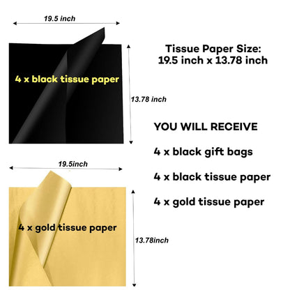 JUNESHE 4 Pack Small Black Gift Bags with Tissue Paper,6.3 inch Mini Tiny Little Paper Bag for Birthday Party Favors Baby Bridal Shower Shopping Presents Wedding