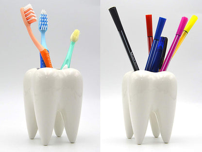 Ceramic Tooth Shaped Pen Pencil Toothbrush Holder Pot Succulent Plant Pot Home Office School Dentists Gift Ideal Gifts for Women, Mom or Birthdays