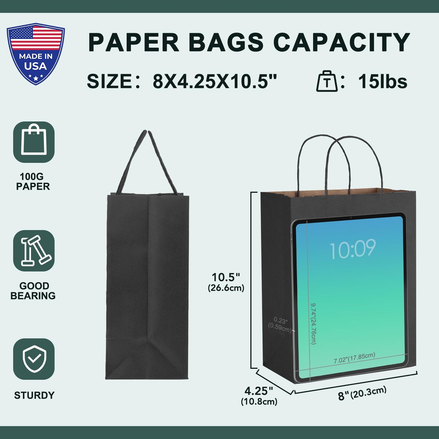 METRONIC Black Paper Gift Bags 8x4.25x10.5 Inches 100 Pack, Medium Kraft Shopping Bag with Handles for Business, Boutique, Party Favors, Retail Stores, Gift Wrap Bulk