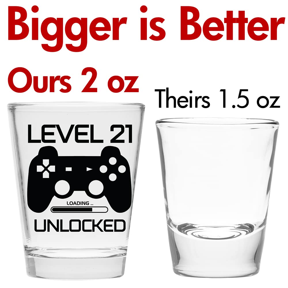 Make Em Laugh Level 21 Unlocked Shot Glass – Funny 21st Birthday Shot Glass for Him or Her – Celebrate Turning Twenty-One with Party Supplies and Drinking Gifts for Men and Women