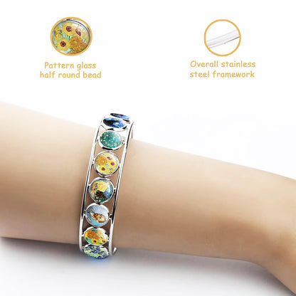 Mariiearly Van Gogh Art Pattern Bracelet；Vincent Van Gogh Starry Night Jewelry Sunflower Bracelet Almond Branch Blooming Bracelets Stained Glass Cuff Bracelets Jewelry Gifts For Artists Women