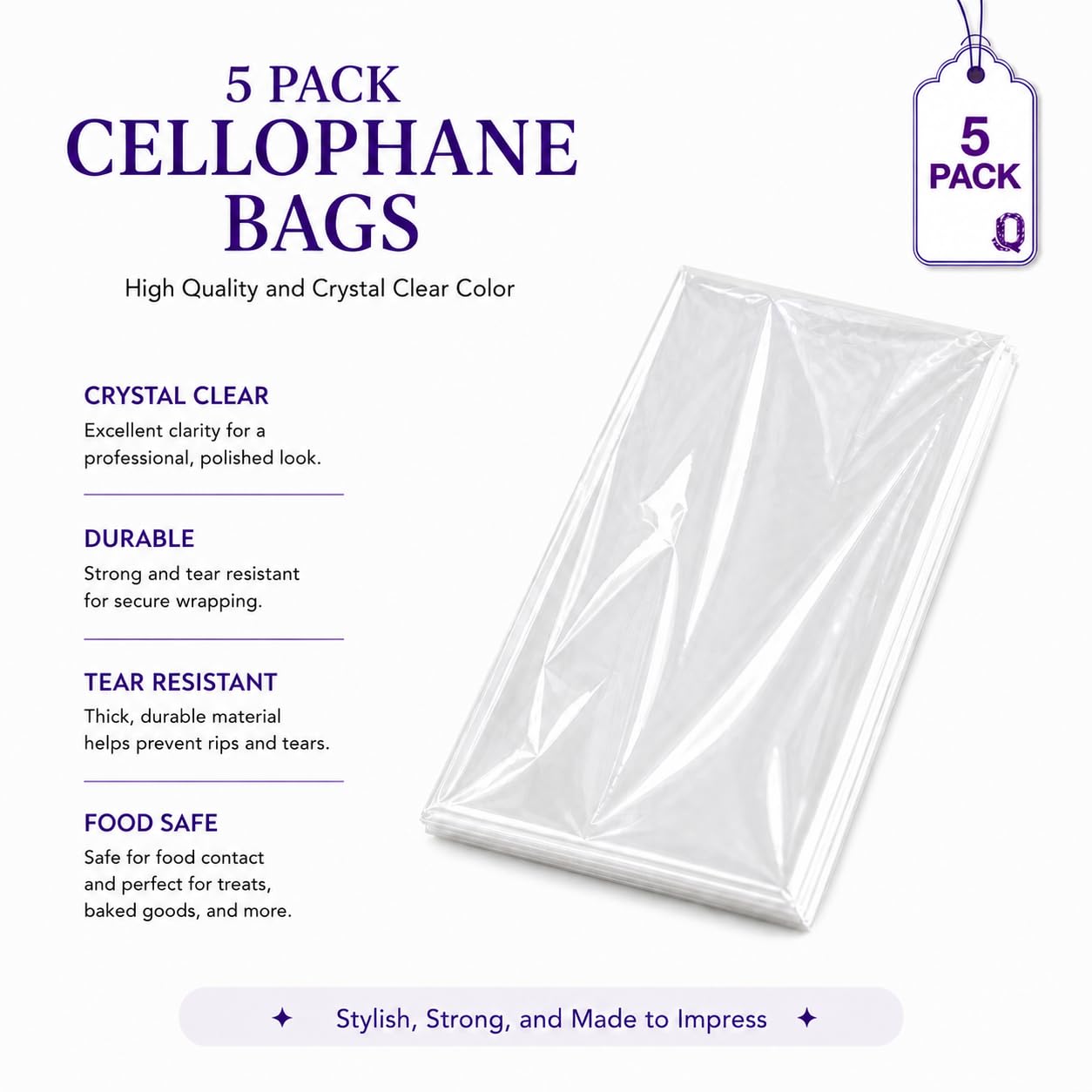 Purple Q Crafts 24" x 30" Cellophane Basket Bags – Pack Of 5 Clear Gift Basket Wrap Bags for Large Baskets, Hampers & Gifts, Extra Large Cello Bags
