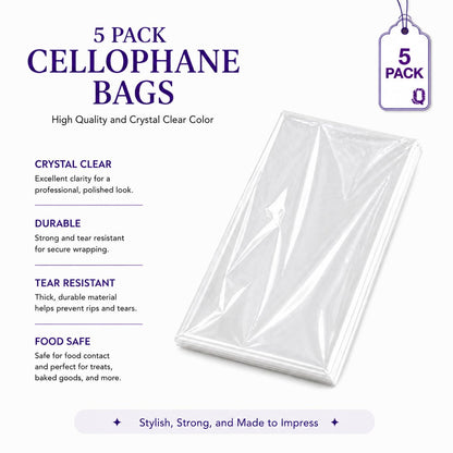 Purple Q Crafts 24" x 30" Cellophane Basket Bags – Pack Of 5 Clear Gift Basket Wrap Bags for Large Baskets, Hampers & Gifts, Extra Large Cello Bags