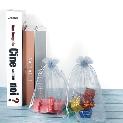 HRX Package 100pcs Organza Bags Silver Gray, 5x7 inch Mesh Drawstring Gift Bags Jewelry Pouches for Christmas Candy Party Favor