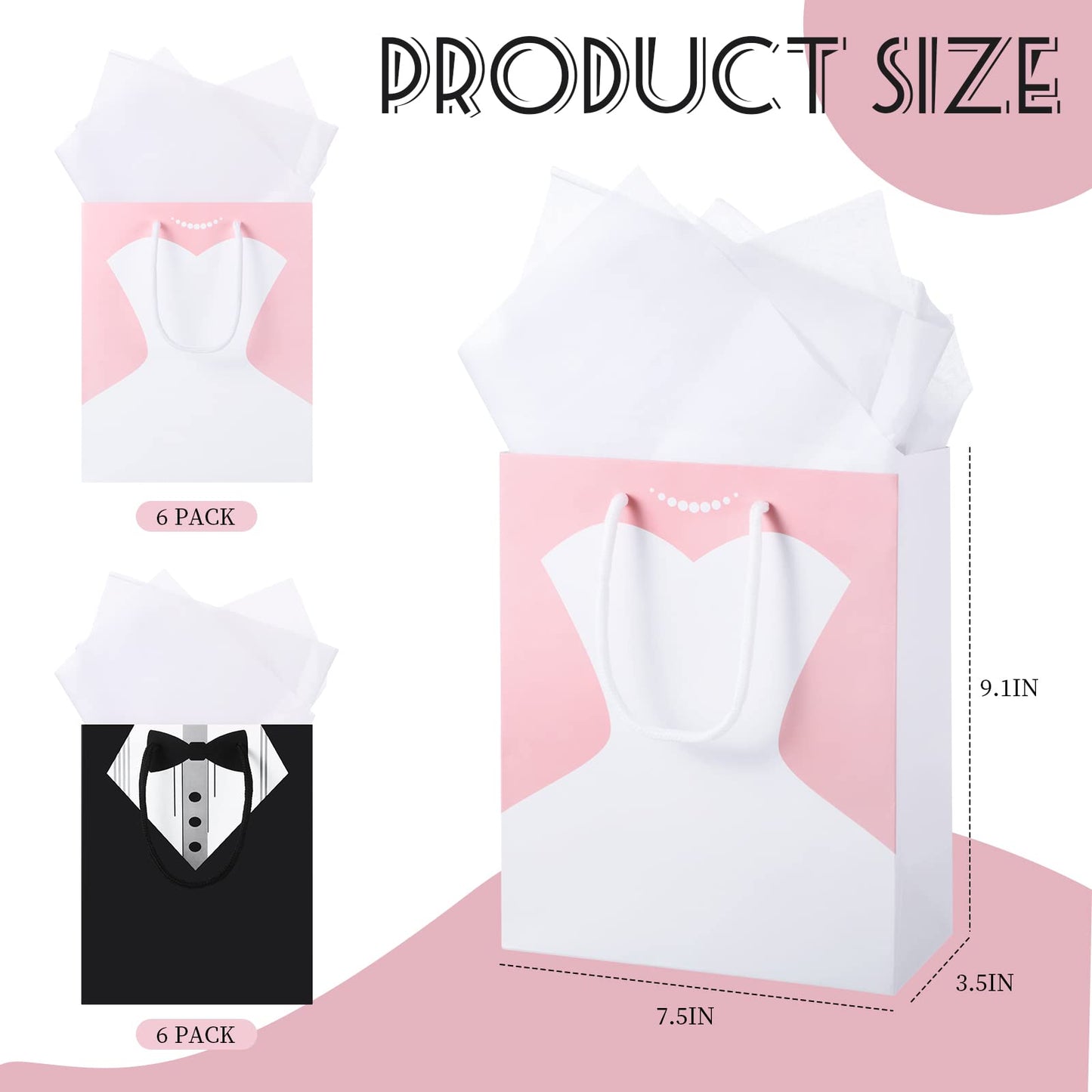 TaoBary Bridal Party Bags for 12 Guests - 9 x 7.5 x 3.5 Inch Bags with 12 Tissue Paper and Handle for Bridal Shower Proposal