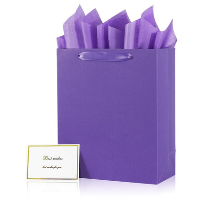 Elegant Purple Gift Bag 10.2"x4.7"x12.2" with Ribbon Handles, Includes Card and Tissue Papers, Perfect for Birthdays, Weddings, Parties, Holidays, Baby Shower