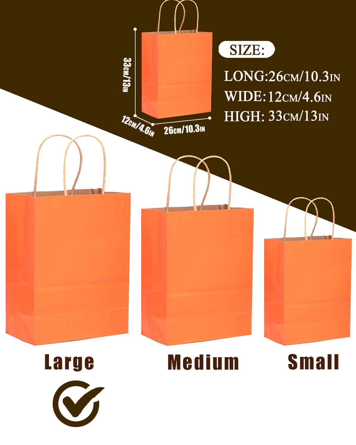 qiqee 100PCS Gift Bag with Handles Bulk Kraft Orange Paper Bags Multiple Uses (13''x5''x10'', Large Size)