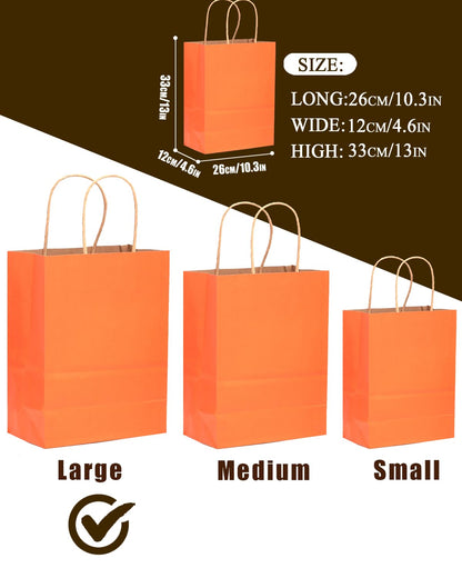 qiqee 100PCS Gift Bag with Handles Bulk Kraft Orange Paper Bags Multiple Uses (13''x5''x10'', Large Size)