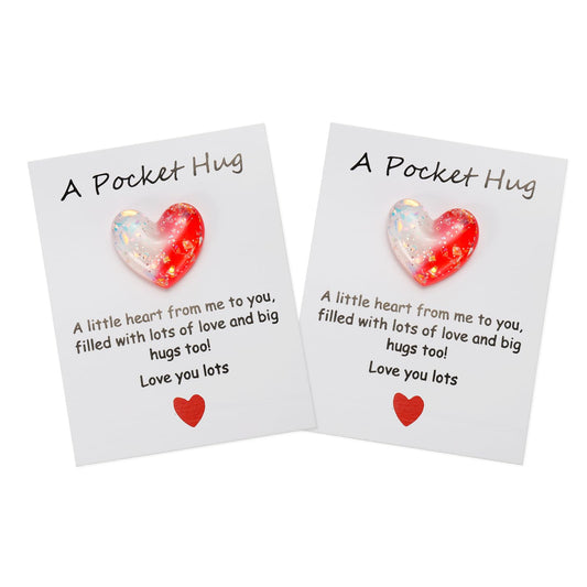 PATIKIL 2 Pack Pocket Hug Heart with Greeting Card, Pocket Hug Token Love Cards Cute A Little Resin Heart Shape Bulk for Friends Long Distance Relationship Gifts, White Red