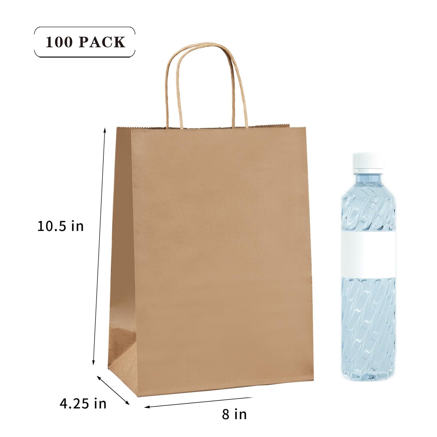 vanhel 100 Pack Brown Paper Bags with Handles,8x4.25x10.5 Inches,Gift Bags Medium Size,Gifts Bag Bulk for Festival,Birthday,Favor,Party,Shopping,Retail Merchandise.