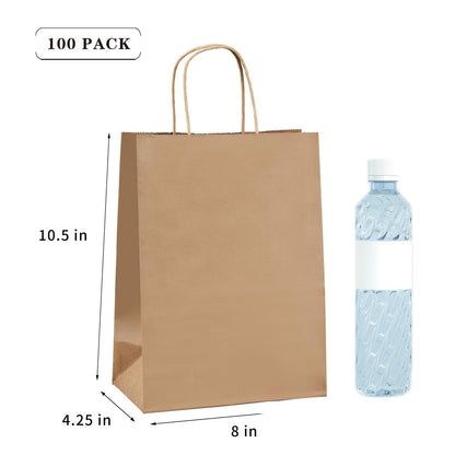 vanhel 100 Pack Brown Paper Bags with Handles,8x4.25x10.5 Inches,Gift Bags Medium Size,Gifts Bag Bulk for Festival,Birthday,Favor,Party,Shopping,Retail Merchandise.