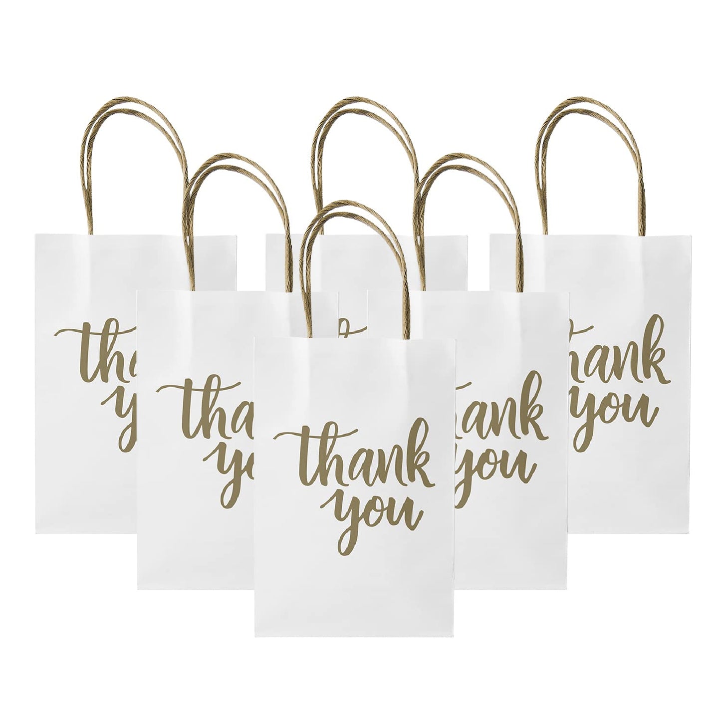 DjinnGlory 100 Pack Small Sized White Thank You Paper Kraft Gift Bags with Handles 9x5.5x3.15 Inch for Business Graduation Birthday Wedding Bridal Baby Shower Party Favors Goodies