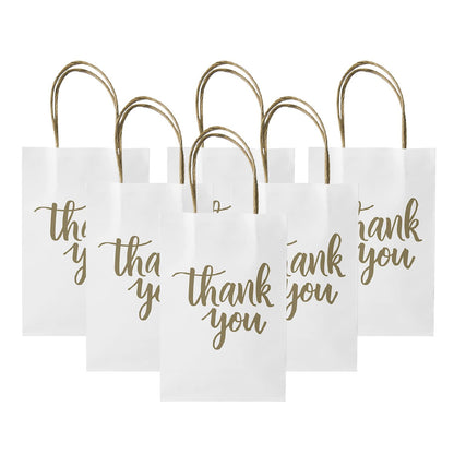 DjinnGlory 100 Pack Small Sized White Thank You Paper Kraft Gift Bags with Handles 9x5.5x3.15 Inch for Business Graduation Birthday Wedding Bridal Baby Shower Party Favors Goodies
