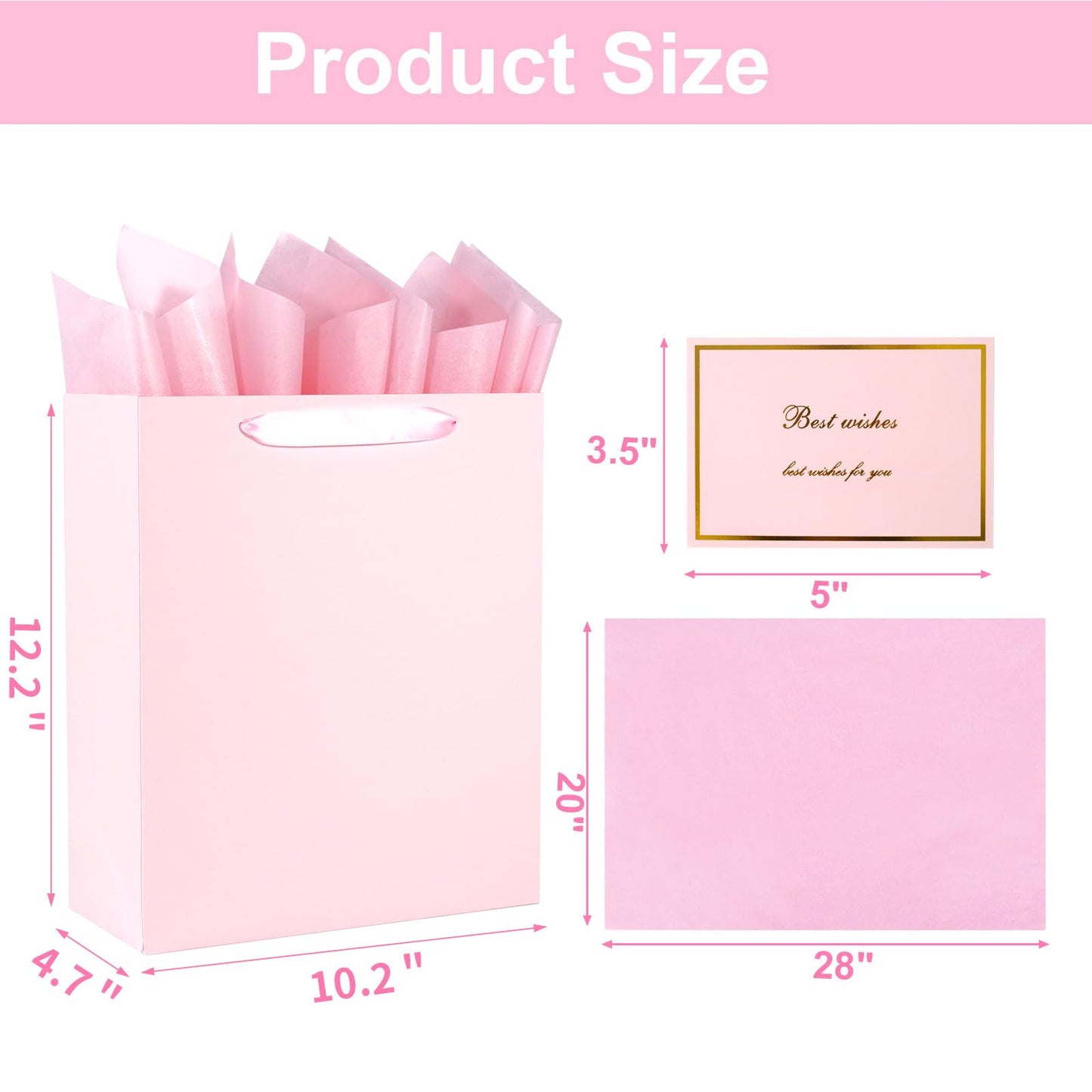 Elegant Pink Gift Bag 10.2"x4.7"x12.2" with Ribbon Handles, Includes Card and Tissue Papers, Perfect for Birthdays, Weddings, Parties, Holidays, Baby Shower