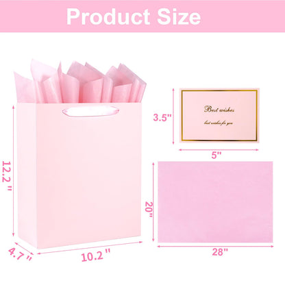 Elegant Pink Gift Bag 10.2"x4.7"x12.2" with Ribbon Handles, Includes Card and Tissue Papers, Perfect for Birthdays, Weddings, Parties, Holidays, Baby Shower
