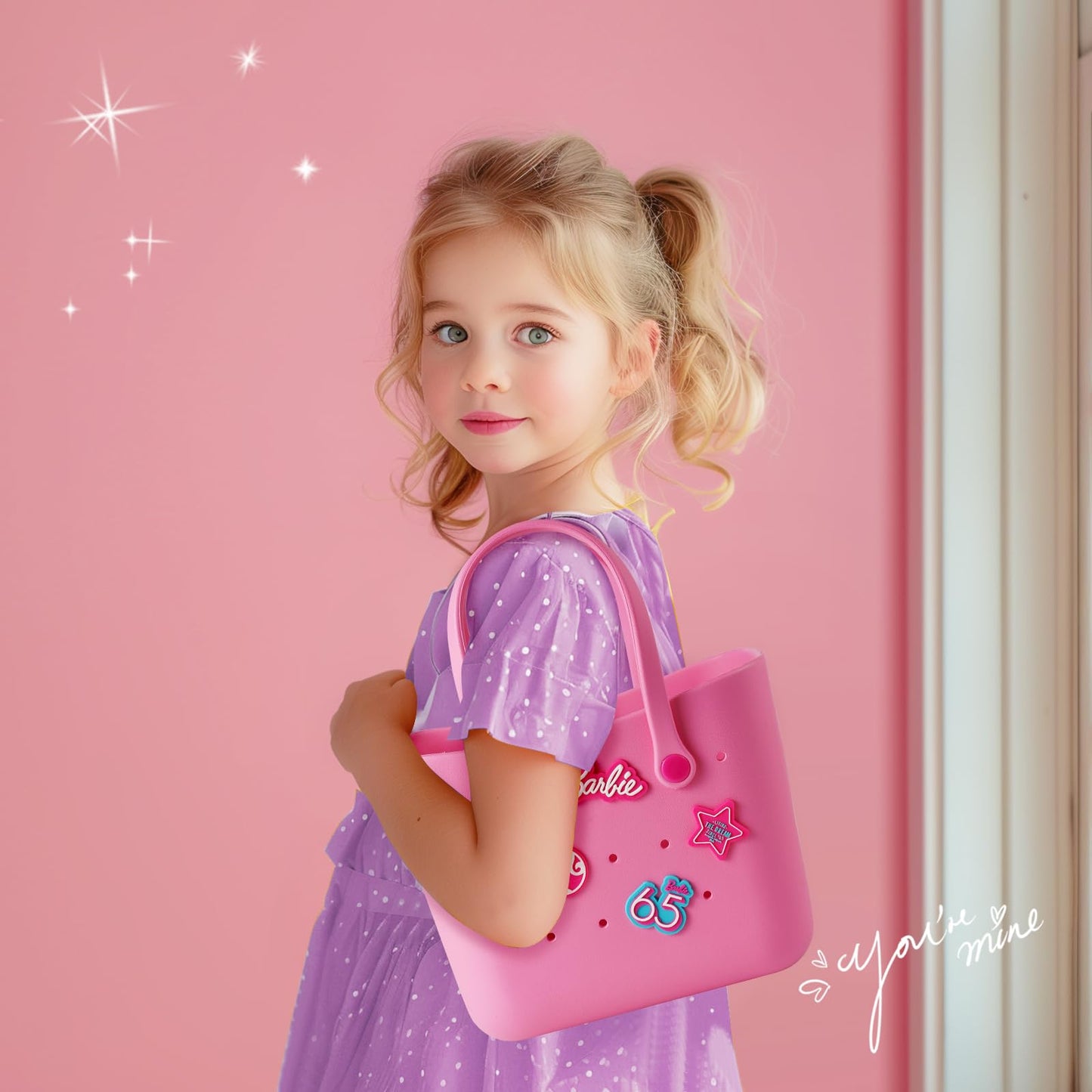MINISO Barbie Tote Bag, Reusable Small Rubber Waterproof Bag, Cute Design Practical And Portable Handbag for Work Travel (ROSE)