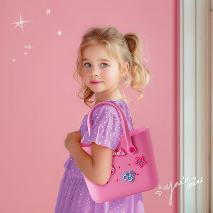 MINISO Barbie Tote Bag, Reusable Small Rubber Waterproof Bag, Cute Design Practical And Portable Handbag for Work Travel (ROSE)