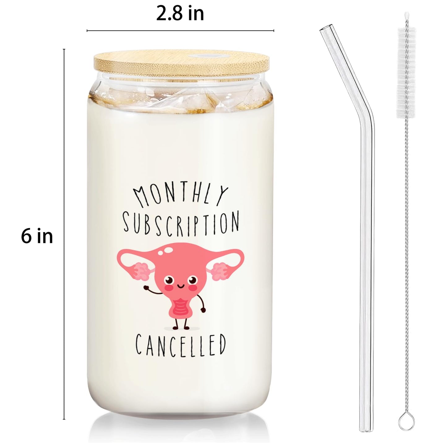 Hysterectomy Recovery Gifts - Monthly Subscription Cancelled Glass Cup with Lids and Straws 14oz, Get Well Soon Gifts for Women, Glass Coffee Tumbler Drinking Jars with Cleaning Brush