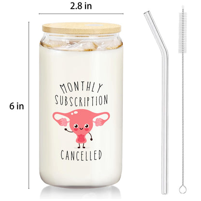 Hysterectomy Recovery Gifts - Monthly Subscription Cancelled Glass Cup with Lids and Straws 14oz, Get Well Soon Gifts for Women, Glass Coffee Tumbler Drinking Jars with Cleaning Brush
