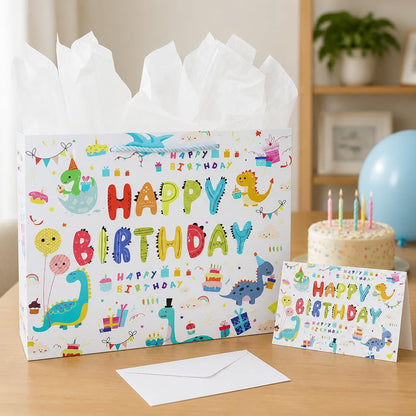 Oletx 13" Dinosaur Gift Bags with Handle,Happy Birthday Party Favor Wrapping Bags with Tissue Paper Greeting Card