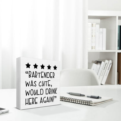 Funny Bartender Gifts for Women Men, Would Drink Here Again Sign, Bar Cart Decor, Bartender Was Cute Would Drink Here Again Wood Sign Decoration for Home Kitchen Bar Desk Shelf Table 5 X 5 Inch