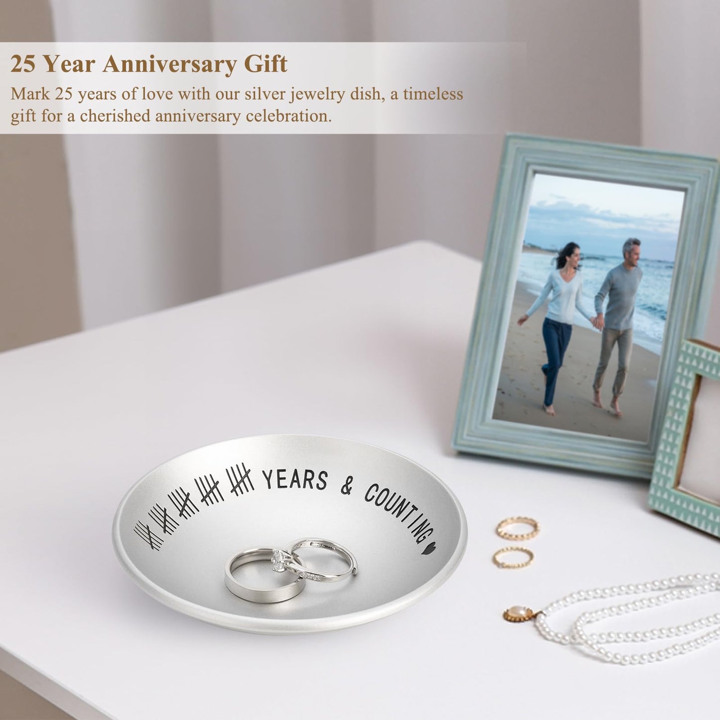 Urllinz 25th Anniversary Wedding Gifts for Husband Wife, 25 Year Anniversary Jewelry Tray for Him Her Couple, Silver Ring Holder Dish & Card & Gift Box, 4"