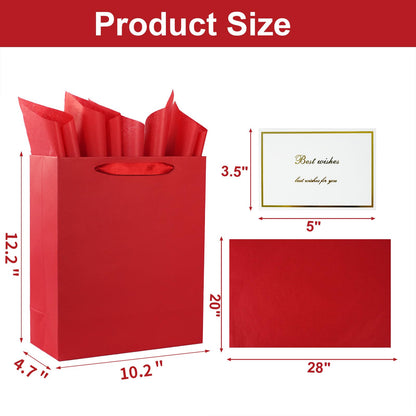 Elegant Red Gift Bag 10.2"x4.7"x12.2" with Ribbon Handles, Includes Card and Tissue Papers, Perfect for Birthdays, Weddings, Parties, Holidays, Baby Shower