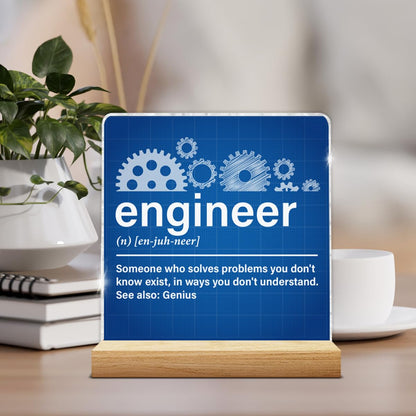 Engineer Gifts for Women Men, Gifts for Engineers Mechanical Engineering, Engineer Definition Acrylic Plaque Sign with Wood Stand Home Office Decor