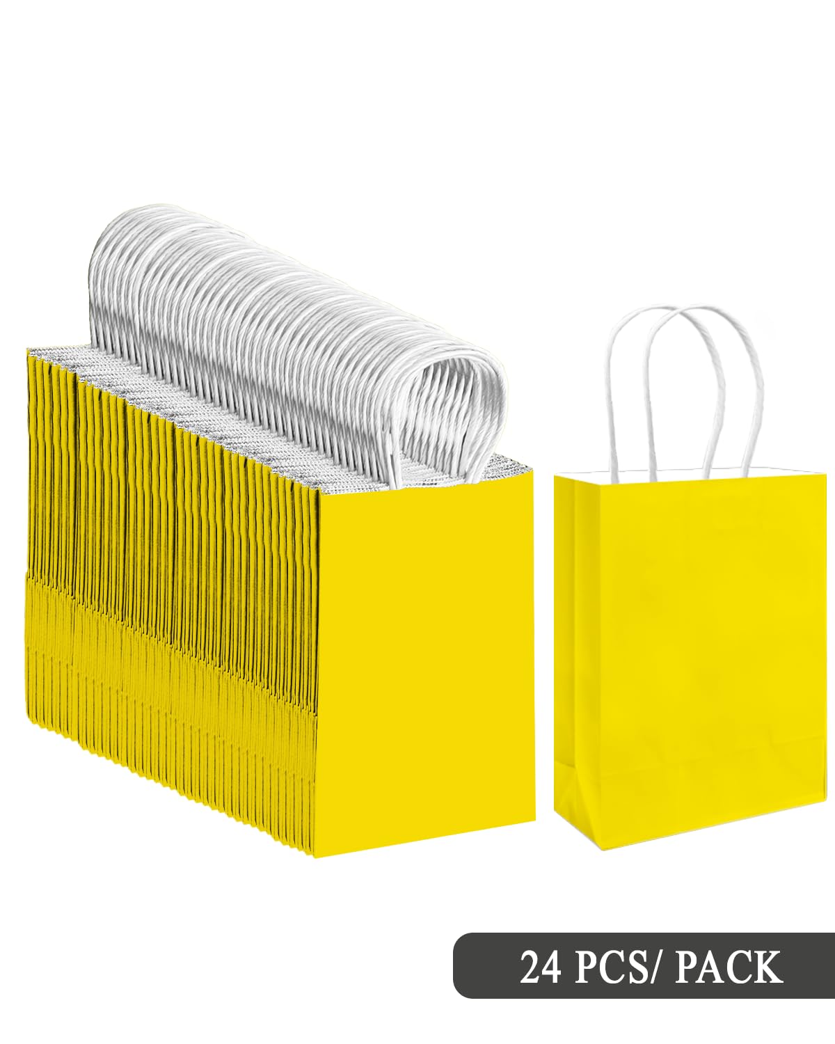 qiqee 24PCS Small Gift Bag with Handles Bulk 8.3"x6"x3" Gift Bags Bright Yellow Bags Multiple Uses (Small Size)