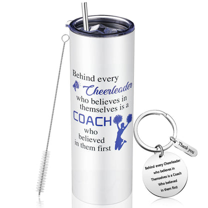 Suclain 2 Pcs Cheer Coach Gifts Set for Women 20 oz Cheerleader Tumbler with Lid Straw and Cheerleading Coach Keychain for Coach Cheerleader Birthday Retirement Gifts(Blue)