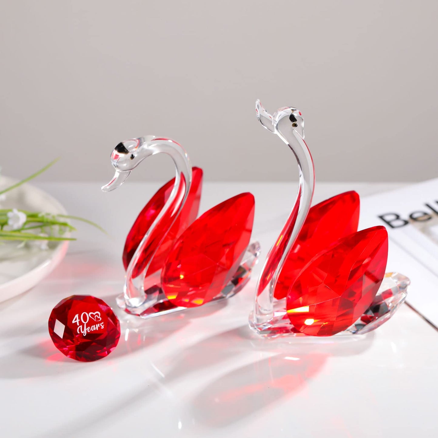 YWHL Happy 40th Anniversary Crystal Swan Gifts for Couples, 40 Years Ruby Wedding Gifts for Parents, Handmade Ruby Red Crystal Swan Collectible Figurine, Anniversary Party Decoration