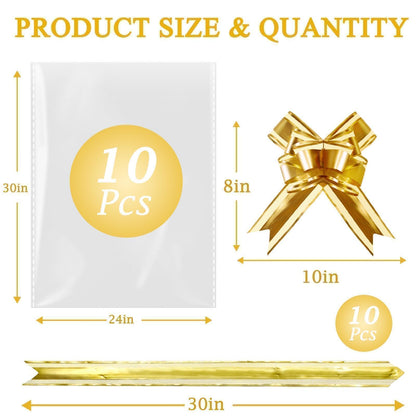 PigPotParty 10 Pack 24x30 Inch Large Cellophane Bags for Gift Baskets, Thick Clear Plastic Basket Wrap, Includes 10 Large Gold Pull Bows