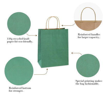 BagDream 25Pcs Gift Bags 8x4.25x10.5 Kraft Paper for Gifts, Shopping Retail Merchandise Grocery Sacks, Green Stripes Paper Bags with Handles Bulk Medium