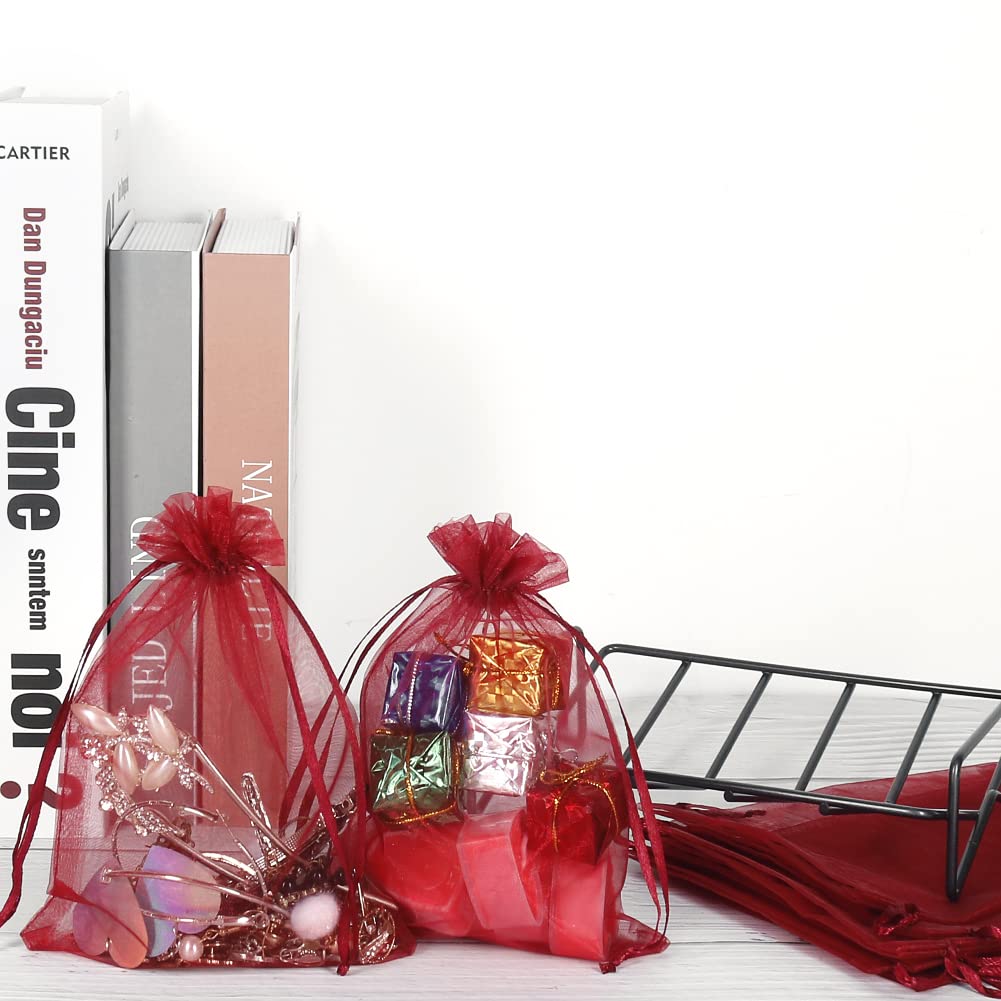 HRX Package 100pcs Organza Bags Burgundy Red, 5x7 inch Mesh Drawstring Gift Bags Jewelry Pouches for Christmas Candy Party Favor