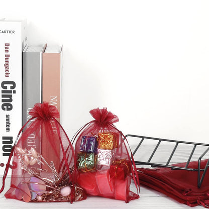 HRX Package 100pcs Organza Bags Burgundy Red, 5x7 inch Mesh Drawstring Gift Bags Jewelry Pouches for Christmas Candy Party Favor