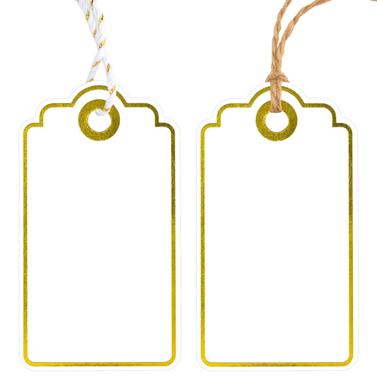 Anwyll Gift Tags with String - 100Pcs Gold Foil Metallic Gift Bag Tags Personalized White Blank Hanging Paper Label Tag for Baby Shower Birthday Party Wedding Christmas Favor Present