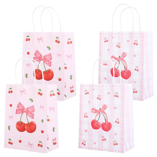 12pcs Pink Bow Gifts Bag for Women Party Favor Pouch Cherry Themed, Coquette Bow Goodie Paper Pocket with Handles, Wedding Gifts Bag Bridal Shower Birthday Party Decoration Supplies Baby Shower