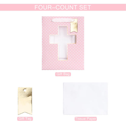 Loveinside Pink Gift Bag, Gold Foil Religious Cross and Dots Design, Gift Bag with Tissue Paper, Tag for Baby Girl Baptisms, Baby Shower, First Communion, Religious Celebrations, 7" x 4" x 9", 1 Pcs