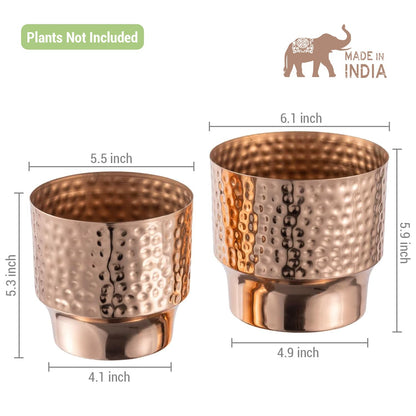 MyGift 5 and 6 Inch Modern Hammered Copper Tone Metal Planter Pots, Decorative Flower Pot Plant Container Centerpiece Décor, 2 Piece Set - Handcrafted in India