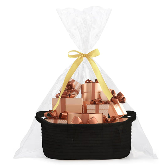 Poschnor Gift Basket Empty, Small Woven Rope Basket, Toy Storage Basket for Baby and Pet, with Gift Bags and Ribbons, 12"X 8" X 5", Black