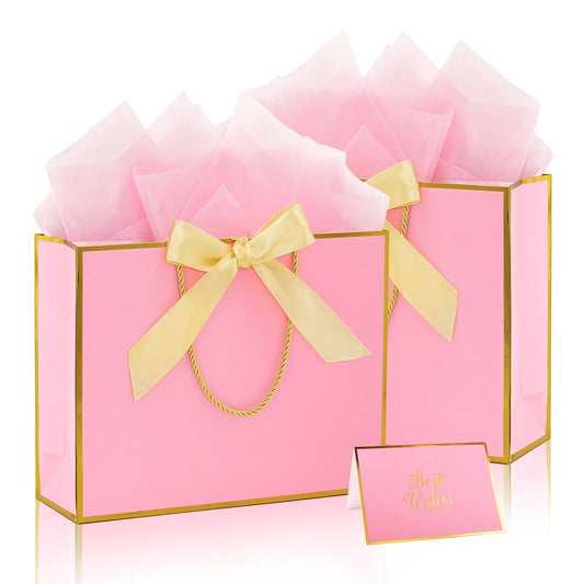 Addblu 2 Pack Large Gift Bags with Handles & Tissue Papers, 12.6×10×4 Inches Thank You Gift Bags with Cards for Mother’s Day, Birthday, Baby Shower, Wedding & Bridesmaids (Pink Gift Bag, 2 PCS)