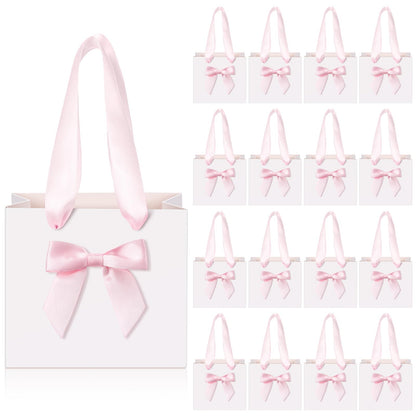 Kolldenn 50 Pcs Mini Gift Bags with Pink Bow Ribbon 4''x2.7''x4.5'' Small White Paper Thank You Goodie Gift Bags Bulk with Handle for Baby Shower Wedding Graduation Party Favor Birthday Return Guests
