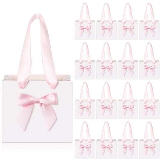 Kolldenn 50 Pcs Mini Gift Bags with Pink Bow Ribbon 4''x2.7''x4.5'' Small White Paper Thank You Goodie Gift Bags Bulk with Handle for Baby Shower Wedding Graduation Party Favor Birthday Return Guests