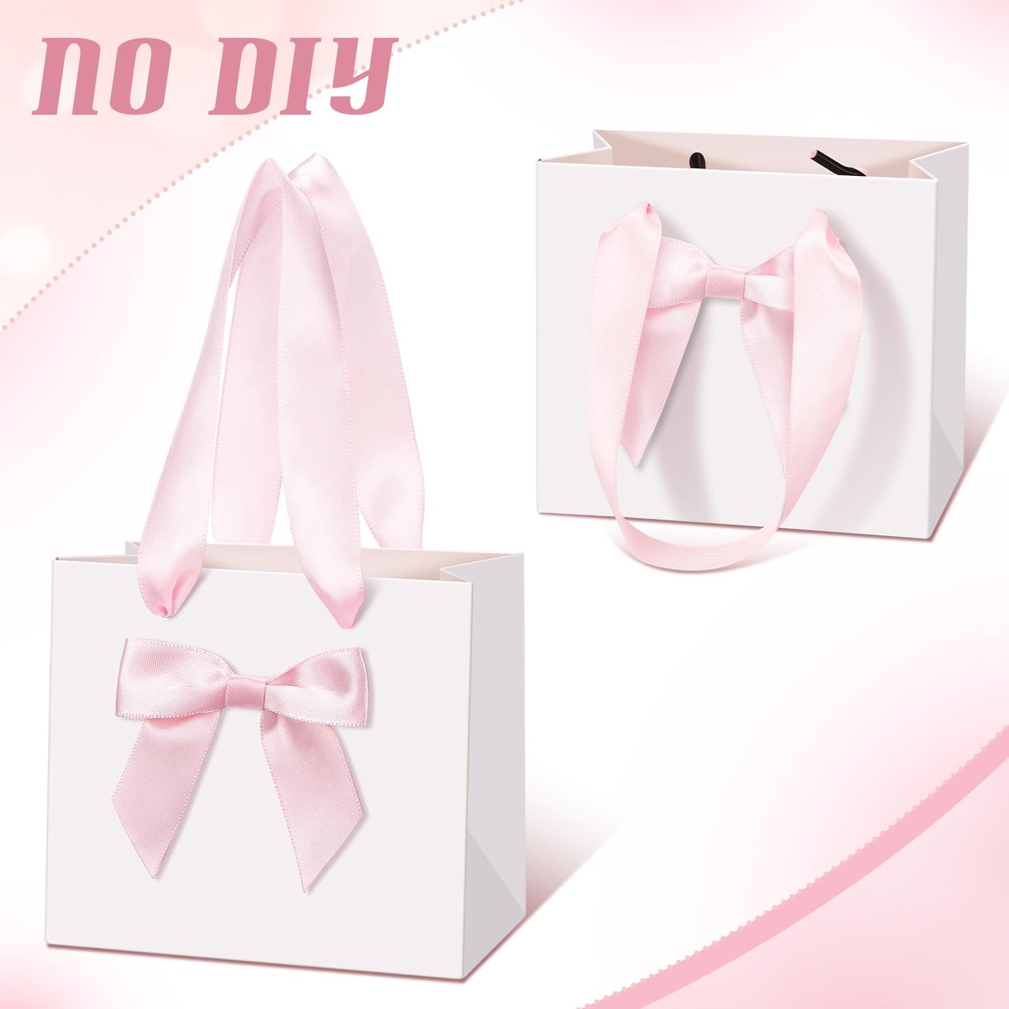 Kolldenn 50 Pcs Mini Gift Bags with Pink Bow Ribbon 4''x2.7''x4.5'' Small White Paper Thank You Goodie Gift Bags Bulk with Handle for Baby Shower Wedding Graduation Party Favor Birthday Return Guests