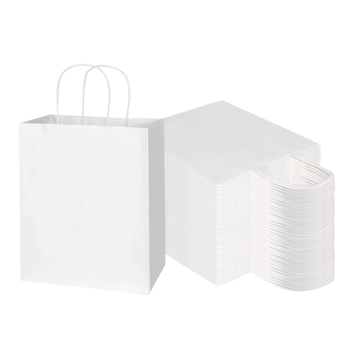 Toovip 100 Pack 8x4.75x10 Inch Medium White Kraft Paper Bags with Handles Bulk, Gift Wrap Bags for Favors Grocery Retail Party Birthday Shopping Business Goody Craft Merchandise Take Out Sacks