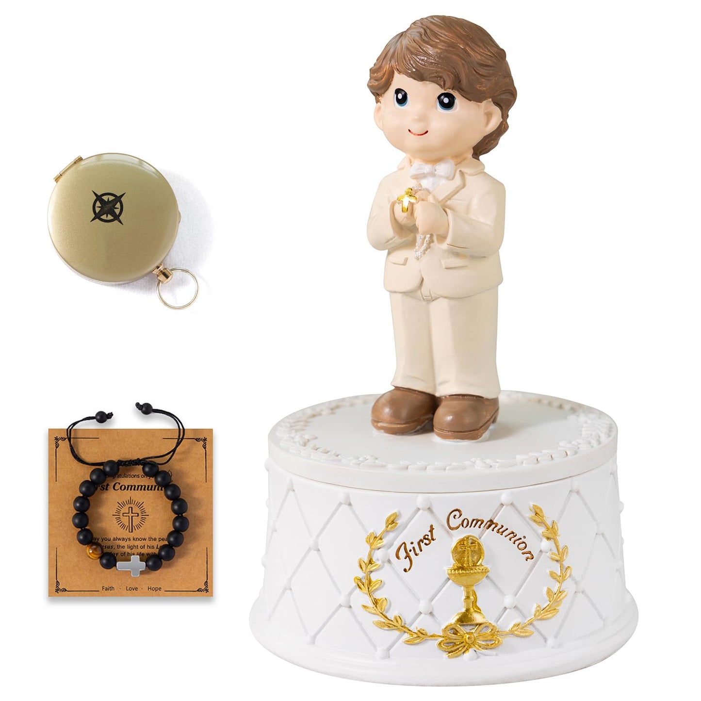 First Communion Gifts for Boys- First Holy Boy Figurine with Keepsake Box & Compass for Kids & Cross Bracelet Included, 1st Communion Gifts for Boys