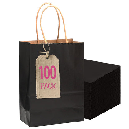 qiqee 100-Packs Black Paper Gift Bags with Handles Bulk 4.5"×2.5"×6" Mini Size Gift Bags Multiple Uses